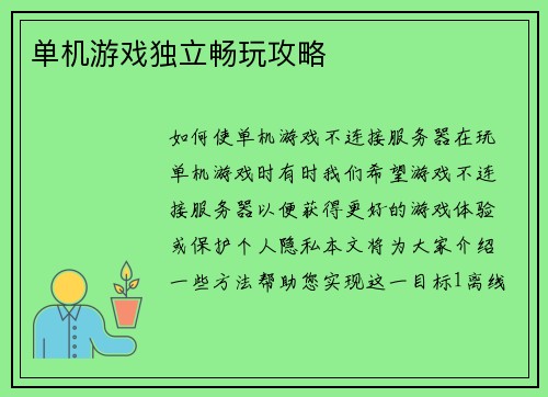 单机游戏独立畅玩攻略